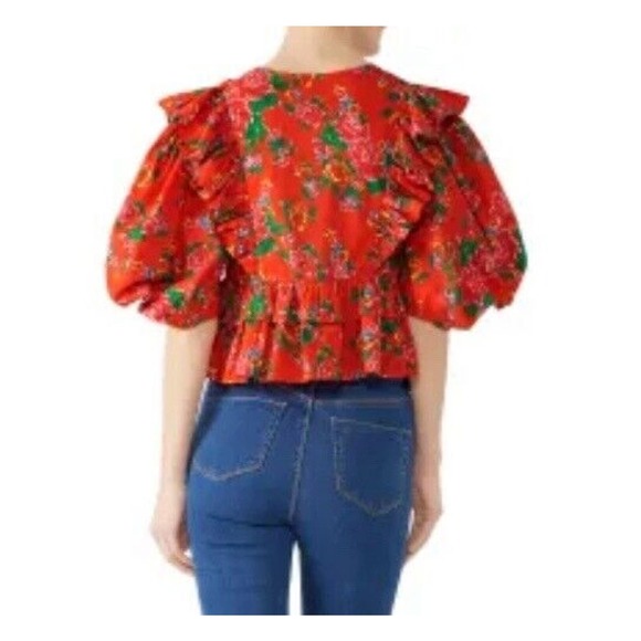Rhode Elodie Blouse Top Size Medium Red Floral Cropped Puff Sleeve Ruffle Boho - Picture 4 of 8
